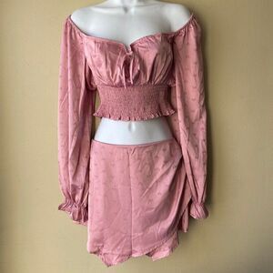 Le Lis Silky Pink Hearts Off the Shoulder Top and Short Set